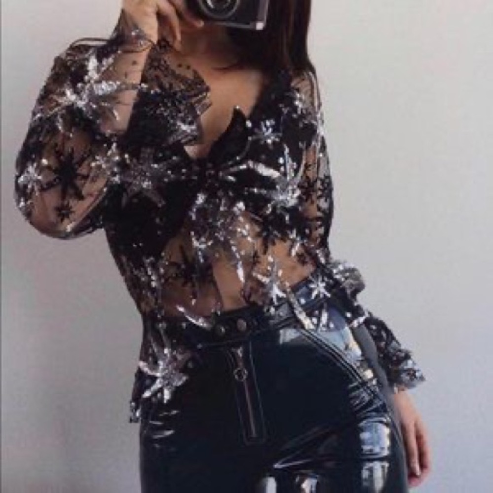 For love and lemons stardust sequined sheer top